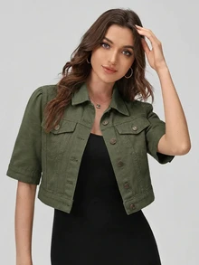 SHEIN EZwear 女款短袖單排扣休閒牛仔夾克 - 綠色 - 查看 6