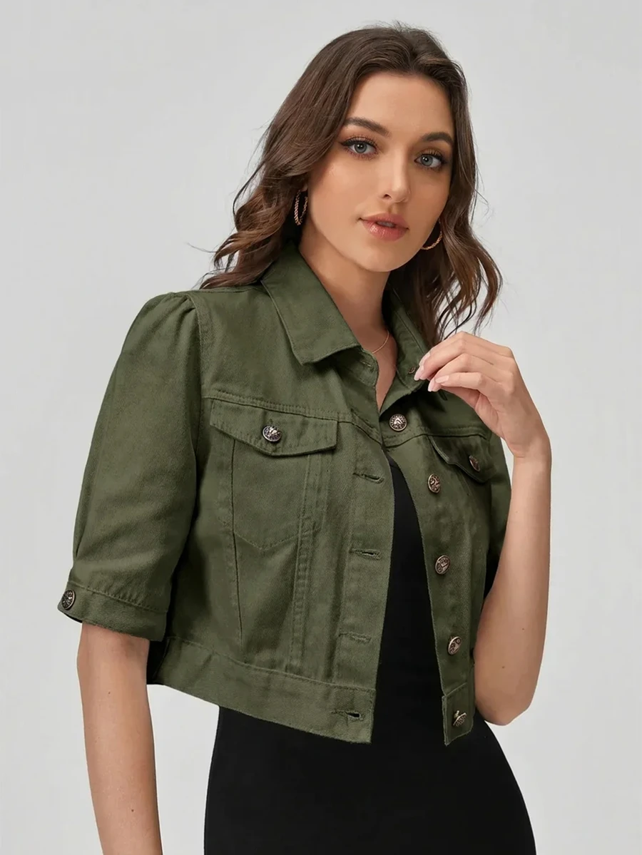 SHEIN EZwear 女款短袖單排扣休閒牛仔夾克 - 綠色 - 查看 1
