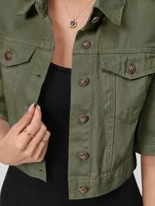 SHEIN EZwear 女款短袖單排扣休閒牛仔夾克 - 綠色 - 查看 3
