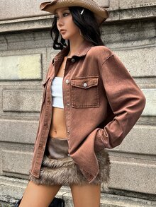 Jeanoix Women's Turn-Down Collar Patch Pocket Washed Denim Jacket - Brown - View 5