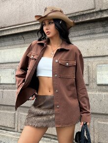 Jeanoix Women's Turn-Down Collar Patch Pocket Washed Denim Jacket - Brown - View 8
