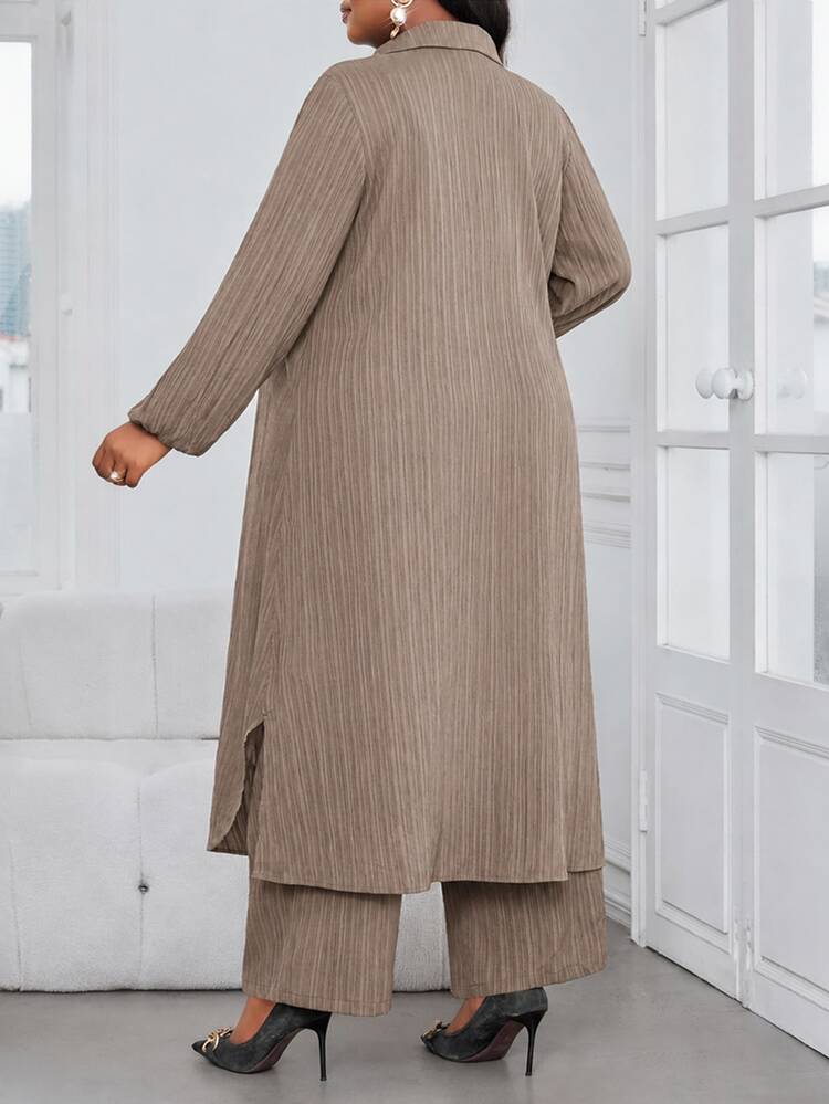 SHEIN Lady Autumn Casual Elegant Work Brunch Formal Navy Blue Woven Shirt Collar Bishop Sleeve Pocket Long Sleeve Plus Size Co-Ords Fall Chocolate Brown - Khaki - View 2