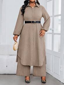 SHEIN Lady 秋季休閒優雅通勤早午餐正式風海軍藍編織襯衫領主教袖口袋長袖大尺碼套裝巧克力棕 - 卡其色 - 查看 4