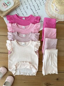 SHEIN 女嬰 8件組夏季可愛家庭套裝 羅紋針織短袖T恤上衣與短褲套裝 外出拍照穿搭 熱情粉玫瑰色 - 彩色 - 查看 4