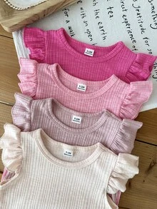 SHEIN 女嬰 8件組夏季可愛家庭套裝 羅紋針織短袖T恤上衣與短褲套裝 外出拍照穿搭 熱情粉玫瑰色 - 彩色 - 查看 5