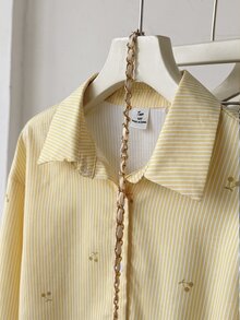 SHEIN 青少年女孩秋季新款黃色與白色條紋櫻桃圖案寬鬆長袖襯衫 - 黃色 - 查看 6