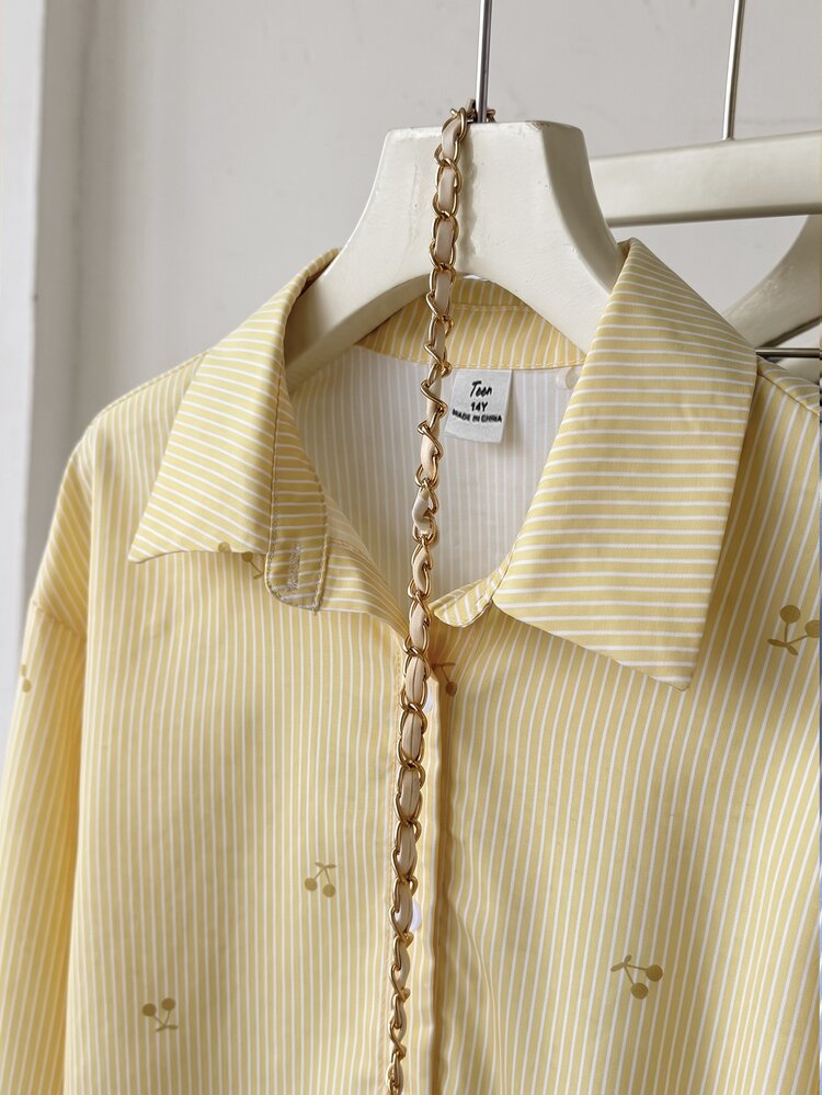 SHEIN Teen Girls Autumn New Yellow & White Striped Cherry Pattern Loose Long Sleeve Shirt - Yellow - View 6