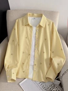 SHEIN 青少年女孩秋季新款黃色與白色條紋櫻桃圖案寬鬆長袖襯衫 - 黃色 - 查看 5