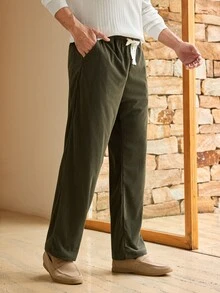 Mercer Haus 1pc Men's Outdoor Casual Corduroy Pants, Comfortable Breathable Loose Straight Leg Trousers, Fashionable For Spring & Autumn - Army Green - View 4
