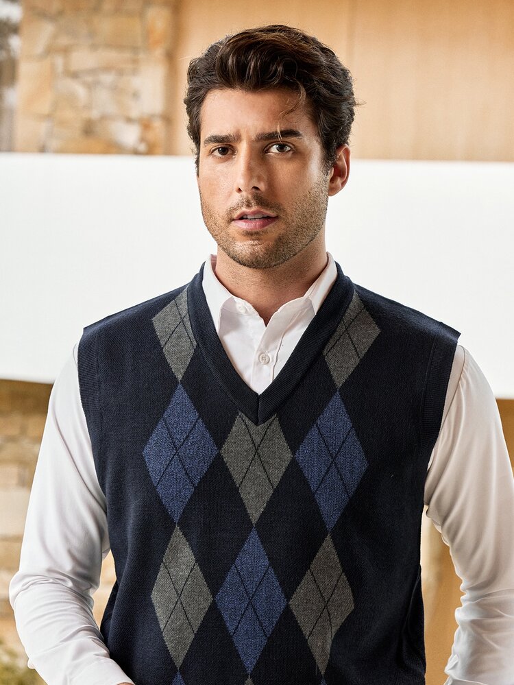 Mercer Haus Father's Day Gift Men's Knit Vest Argyle Colorblock Sleeveless Sweater Daily Commute Minimalist Inner Layer Casual V-Neck Outdoor Activities And Holiday Preppy Style - Navy Blue - View 6