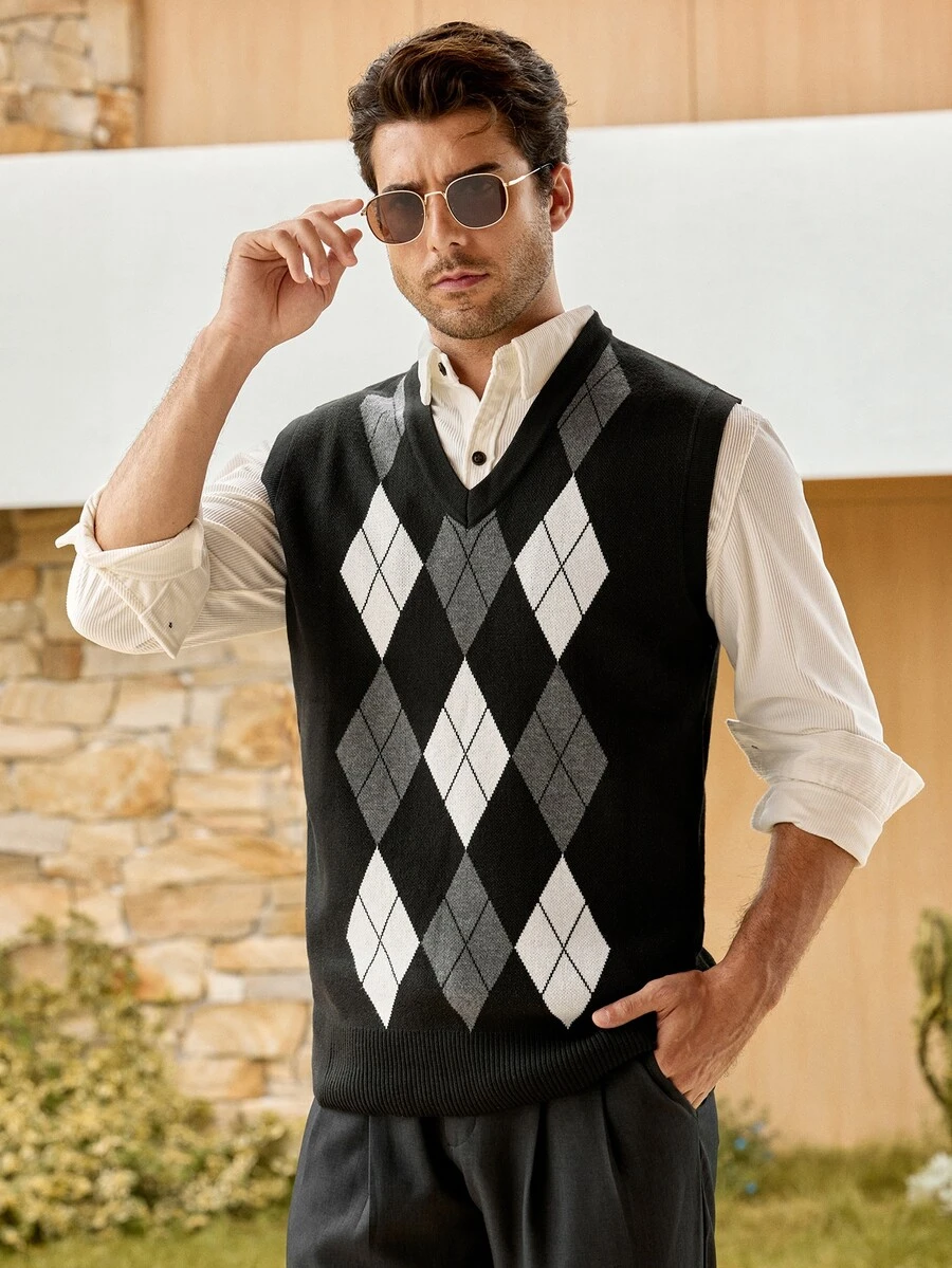 Mercer Haus 父親節禮物 男士針織背心 菱格紋拼色無袖毛衣 日常通勤 簡約內搭 休閒V領 戶外活動與假期 學院風 - 黑色 - 查看 1