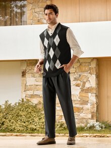 Mercer Haus 父親節禮物 男士針織背心 菱格紋拼色無袖毛衣 日常通勤 簡約內搭 休閒V領 戶外活動與假期 學院風 - 黑色 - 查看 3