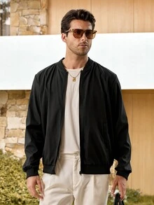 Mercer Haus جاكيت بيسبول رياضي كاجوال بقصة ضيقة، خفيف الوزن ومريح من مادة رقيقة، بلون سادة مع سحاب أمامي، للاستخدام الخارجي - الأسود - مشاهدة 2
