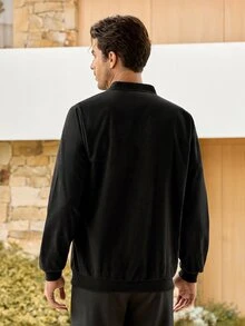 Mercer Haus 1件男士純色輕量麂皮抓絨飛行員夾克，全拉鍊立領休閒夾克，復古仿皮夾克，男士春秋夾克 - 黑色 - 查看 2