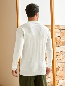 Mercer Haus Sweater Rajut Kerah Vertikal Bergaris Polos untuk Pria, Atasan Lengan Panjang Sederhana dan Serbaguna - Putih - View 2