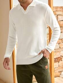 Mercer Haus Sweater Rajut Kerah Vertikal Bergaris Polos untuk Pria, Atasan Lengan Panjang Sederhana dan Serbaguna - Putih - View 7