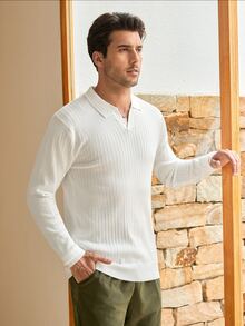 Mercer Haus Sweater Rajut Kerah Vertikal Bergaris Polos untuk Pria, Atasan Lengan Panjang Sederhana dan Serbaguna - Putih - View 5