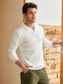 Mercer Haus Sweater Rajut Kerah Vertikal Bergaris Polos untuk Pria, Atasan Lengan Panjang Sederhana dan Serbaguna - Putih - View 1