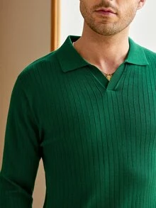 Mercer Haus 男士纯色竖条纹针织衫，简约百搭长袖上衣 - 墨綠色 - 查看 7