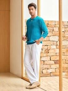 Mercer Haus ALTZTAR 男士休闲罗纹针织衫，圆领，简约时尚，适合日常穿着 - 薄荷藍 - 查看 3