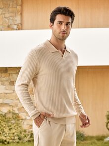 Mercer Haus 男士纯色竖条纹针织衫，简约百搭长袖上衣 - 杏色 - 查看 5