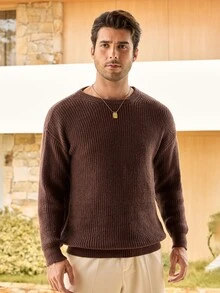 Mercer Haus Lightweight Casual Textured Knit Sweater, Minimalist Design, Loose Fit Crew Neck Pullover For Unisex, Suitable For Autumn/Winter - Brown Coffee - View 6