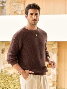 Mercer Haus Lightweight Casual Textured Knit Sweater, Minimalist Design, Loose Fit Crew Neck Pullover For Unisex, Suitable For Autumn/Winter - Brown Coffee - View 5