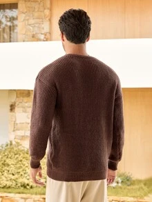 Mercer Haus Lightweight Casual Textured Knit Sweater, Minimalist Design, Loose Fit Crew Neck Pullover For Unisex, Suitable For Autumn/Winter - Brown Coffee - View 2