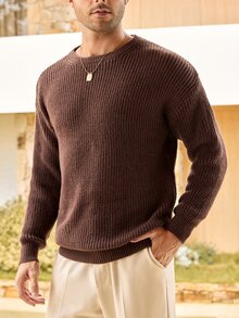 Mercer Haus Lightweight Casual Textured Knit Sweater, Minimalist Design, Loose Fit Crew Neck Pullover For Unisex, Suitable For Autumn/Winter - Brown Coffee - View 7
