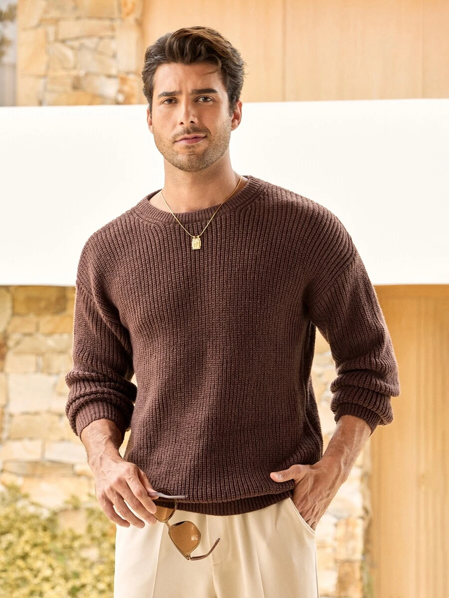 Mercer Haus Lightweight Casual Textured Knit Sweater, Minimalist Design, Loose Fit Crew Neck Pullover For Unisex, Suitable For Autumn/Winter - Brown Coffee - View 1