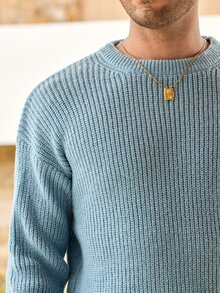 Mercer Haus Lightweight Casual Textured Knit Sweater, Minimalist Design, Loose Fit Crew Neck Pullover For Unisex, Suitable For Autumn/Winter - Dusty Blue - View 8