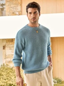 Mercer Haus Lightweight Casual Textured Knit Sweater, Minimalist Design, Loose Fit Crew Neck Pullover For Unisex, Suitable For Autumn/Winter - Dusty Blue - View 5
