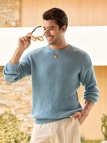 Mercer Haus Lightweight Casual Textured Knit Sweater, Minimalist Design, Loose Fit Crew Neck Pullover For Unisex, Suitable For Autumn/Winter - Dusty Blue - View 4