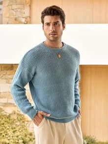 Mercer Haus Lightweight Casual Textured Knit Sweater, Minimalist Design, Loose Fit Crew Neck Pullover For Unisex, Suitable For Autumn/Winter - Dusty Blue - View 6