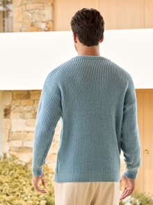 Mercer Haus Lightweight Casual Textured Knit Sweater, Minimalist Design, Loose Fit Crew Neck Pullover For Unisex, Suitable For Autumn/Winter - Dusty Blue - View 2