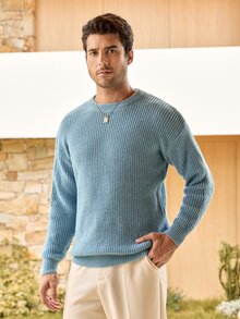 Mercer Haus Lightweight Casual Textured Knit Sweater, Minimalist Design, Loose Fit Crew Neck Pullover For Unisex, Suitable For Autumn/Winter - Dusty Blue - View 7