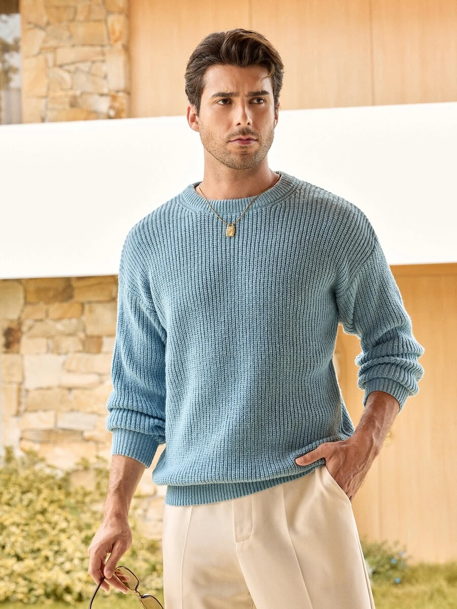 Mercer Haus Lightweight Casual Textured Knit Sweater, Minimalist Design, Loose Fit Crew Neck Pullover For Unisex, Suitable For Autumn/Winter - Dusty Blue - View 1