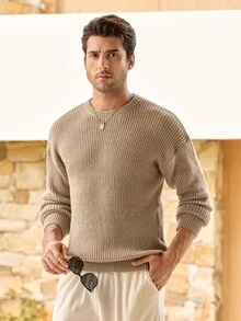 Mercer Haus Lightweight Casual Textured Knit Oversized Unisex Sweater, Minimalist Design, Loose Fit Crew Neck Pullover, Suitable For Autumn/Winter - Beige - View 4