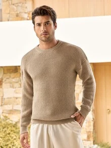 Mercer Haus Lightweight Casual Textured Knit Oversized Unisex Sweater, Minimalist Design, Loose Fit Crew Neck Pullover, Suitable For Autumn/Winter - Beige - View 5