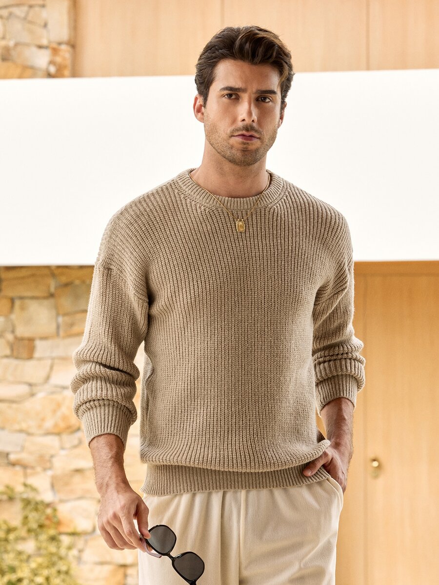 Mercer Haus Lightweight Casual Textured Knit Oversized Unisex Sweater, Minimalist Design, Loose Fit Crew Neck Pullover, Suitable For Autumn/Winter - Beige - View 1