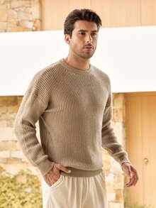 Mercer Haus Lightweight Casual Textured Knit Oversized Unisex Sweater, Minimalist Design, Loose Fit Crew Neck Pullover, Suitable For Autumn/Winter - Beige - View 6