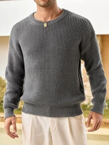 Mercer Haus Lightweight Casual Textured Knit Oversized Unisex Sweater, Minimalist Design, Loose Fit Crew Neck Pullover, Suitable For Autumn/Winter - Grey - View 6