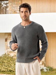 Mercer Haus Lightweight Casual Textured Knit Oversized Unisex Sweater, Minimalist Design, Loose Fit Crew Neck Pullover, Suitable For Autumn/Winter - Grey - View 4