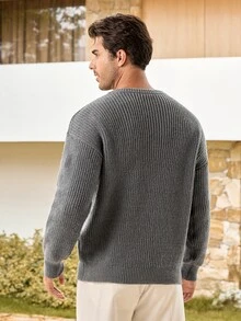 Mercer Haus Lightweight Casual Textured Knit Oversized Unisex Sweater, Minimalist Design, Loose Fit Crew Neck Pullover, Suitable For Autumn/Winter - Grey - View 2