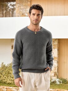 Mercer Haus Lightweight Casual Textured Knit Oversized Unisex Sweater, Minimalist Design, Loose Fit Crew Neck Pullover, Suitable For Autumn/Winter - Grey - View 5
