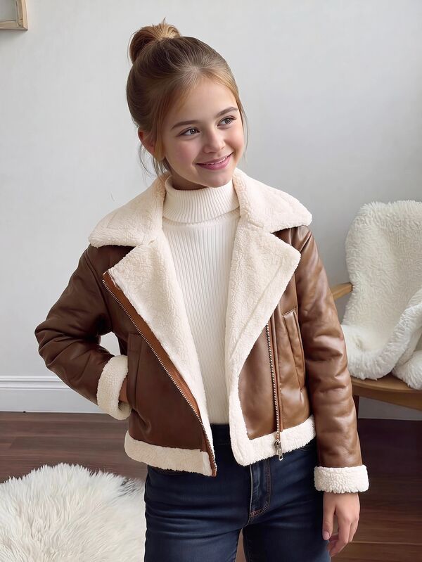 SHEIN Chaqueta de estilo callejero casual para niña preadolescente, cuello de motocicleta, cremallera de metal, forro de PU, forro polar compuesto, manga larga, solapa, patchwork, piel sintética, otoño/invierno, marrón