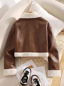 SHEIN 少女休閒街頭風機車領金屬拉鍊PU內裡抓絨複合抓絨長袖翻領拼接人造毛外套，秋冬棕色 - 棕色 - 查看 2