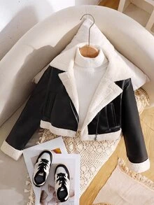SHEIN 青少年女孩休闲街头时尚摩托车领金属拉链开合 PU 衬里羊毛复合羊毛短款长袖翻领拼布仿皮草夹克外套，秋冬款黑色 - 黑色 - 查看 9