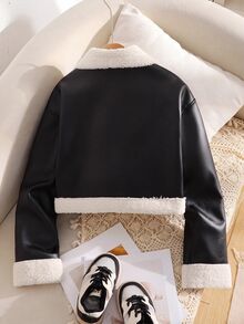 SHEIN 青少年女孩休闲街头时尚摩托车领金属拉链开合 PU 衬里羊毛复合羊毛短款长袖翻领拼布仿皮草夹克外套，秋冬款黑色 - 黑色 - 查看 2