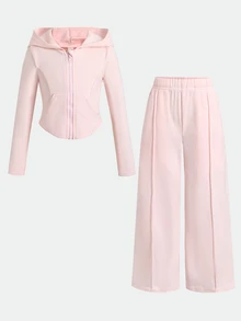 SHEIN Young Girl Young Girl Young Girl Young Girl Fashion Casual Knit Solid Color Hooded Jacket Set - Pink - View 4